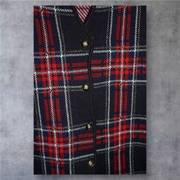 Rafaella Petites Red Navy Plaid Wool Blend Vest - Size M - Button Front Vintage - Picture 3 of 6